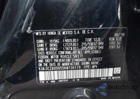 2019 Honda Hr-V Ex z USA, uszkodzony, nr VIN 3CZRU5H55KM730179